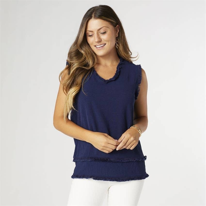 Melody Tank with Tiered Fringe Navy Butterfly Kisses Boutique